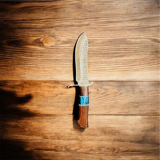 Damascus Steel Hunting Knife – Wooden Handle with Epoxy Resin Spacer & Steel Guard | Premium Leather Sheath | Cowboy Knife by cowboyknives.us