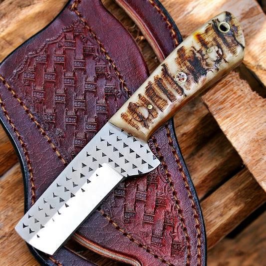 Outlaw Bull Cutter Knife – Rasp Steel Cowboy Knife with Ram Horn Handle | Western Belt Knife, Men’s Knife, Working Cowboy Knife