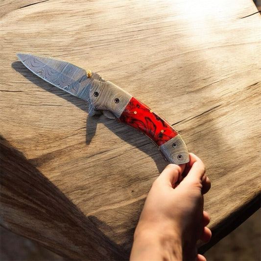 Trailblazer Damascus Folding Knife – Cowboy Pocket Knife with Resin Handle & Damascus Bolsters | Western Belt Knife, Cowboy Knives, Men’s Knife