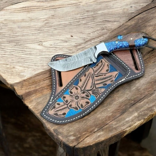 Frontier Spirit Cowboy Knife – Damascus Steel Blade with Wenge Epoxy Hybrid Handle | Cowboy Knives, Western Cowboy Belt Knives, Men's Knife, Working Cowboy Knife