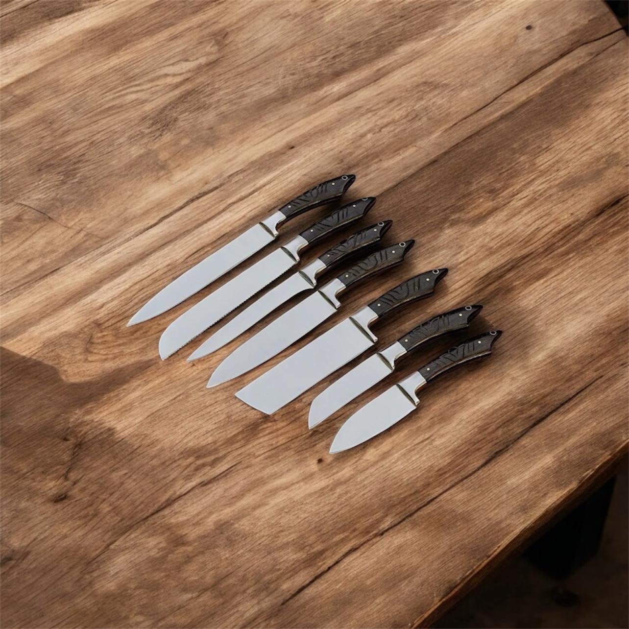 7pcs Chef Knife Set – J2 Steel Blades, Engraved Rosewood Handles with Leather Roll Kit | Professional Kitchen Knife Set | Blade HQ Quality | cowboyknives.us