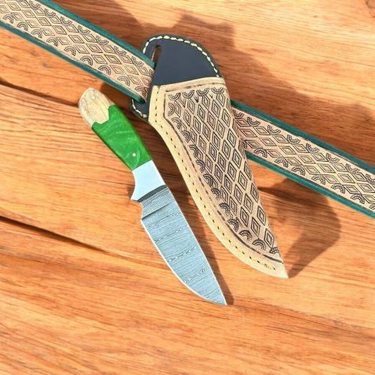 Cowboy Knife – Damascus Steel Blade, Resin-Wood Hybrid Handle with Vertical Leather Sheath | Belt Knife | Men’s Knife | Western Cowboy Knife | Cowboy Knives and Sheaths | KnivesHQ Quality | cowboyknives.us
