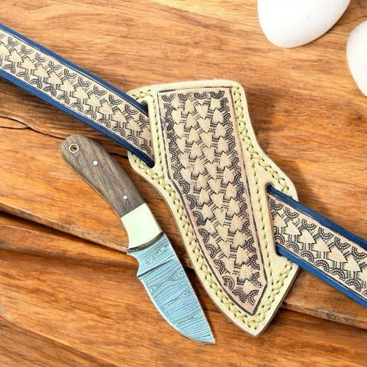 Hunting Knife – Damascus Steel Blade, Wooden Handle with Brass Bolster & Pancake Leather Sheath | Belt Knife | Men’s Knife | Western Cowboy Knife | Cowboy Knives and Sheaths | KnivesHQ Quality | cowboyknives.us