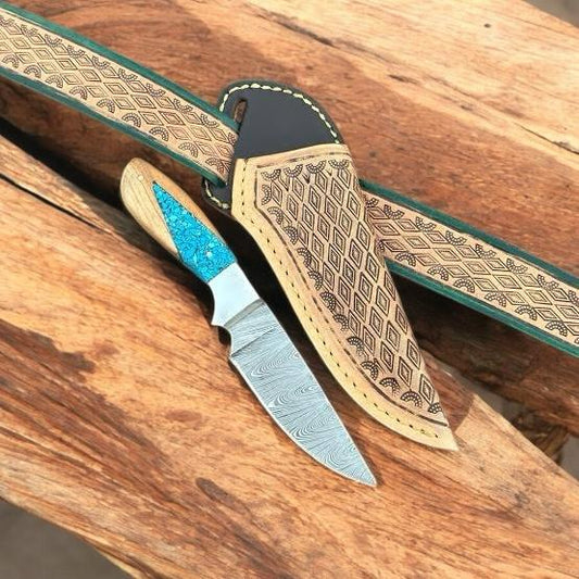 Hunting Knife – Damascus Steel Blade, Turquoise Stone-Wood Resin Hybrid Handle with Steel Bolster | Belt Knife | Men’s Knife | Western Cowboy Knife | Cowboy Knives and Sheaths | KnivesHQ Quality | cowboyknives.us