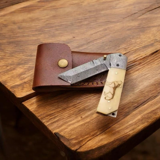 Cowboy Pocket Knife – Damascus Steel Blade, Bone Handle with Damascus Steel Bolster | Men’s Knife | Western Cowboy Knife | Belt Knife | Cowboy Knives and Sheaths | KnivesHQ Quality | cowboyknives.us