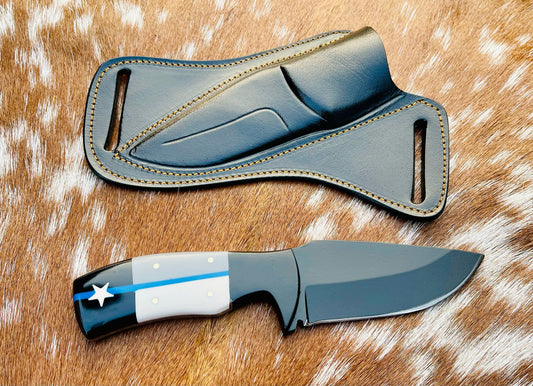 Cowboy Knife – D2 Steel Powder-Coated Blade with Texas Enforcement Handle & Steel Bolster | Tactical Western Fixed Blade with Leather Sheath