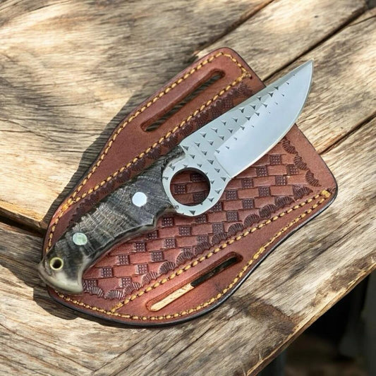 Rasp Tool Steel Cowboy Knife with Ram Horn Handle and Finger Hole | Western Belt Knife for Men | Working Cowboy Knife with Leather Sheath