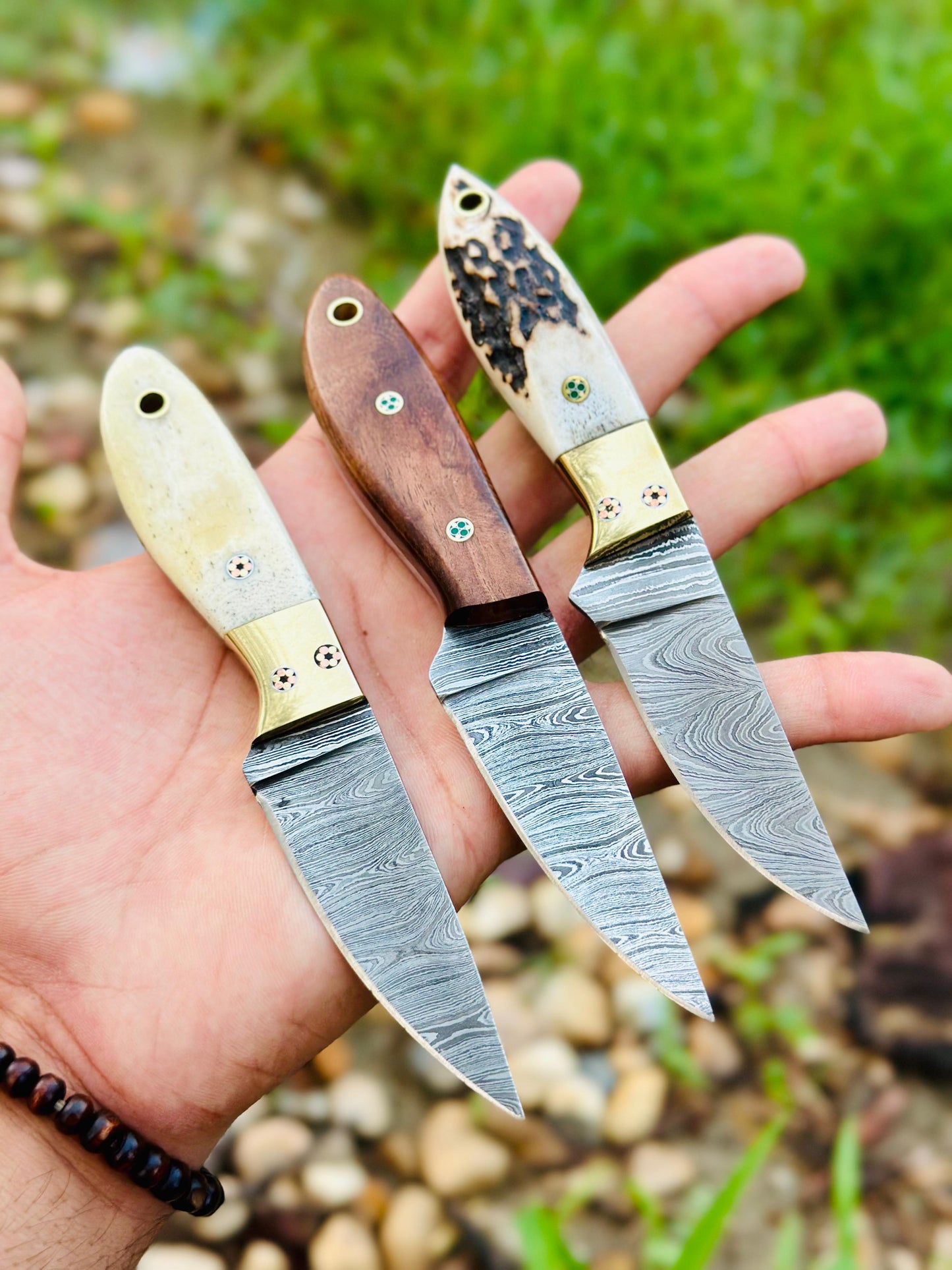 3" Blade Custom Fixed Blade Knives – Damascus Steel with Bone, Wood & Antler Horn Handles