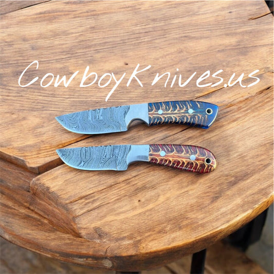 Ranch Cowboy Knives and Sheaths – Damascus Steel, Pinecone Resin Handle, Steel Bolster