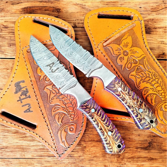 7" Ranch Cowboy Knives and Sheaths – Damascus Blade with Pinecone Resin Handle