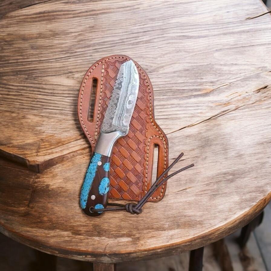 Cowboy Knife – Damascus Steel Blade with Epoxy Resin & Rosewood Handle, Steel Bolster, and Pancake Leather Sheath | Cowboy Belt Knife by CowboyKnives.us