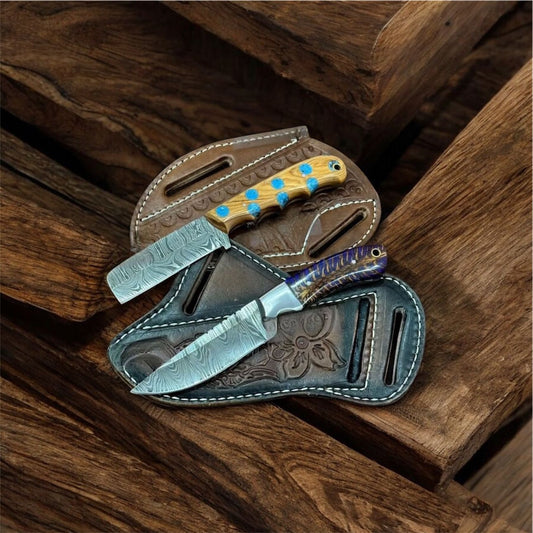 4" Blade Ranch Cowboy Knives and Sheaths – Damascus & Pinecone Resin