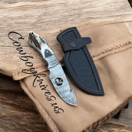 4.5" Blade Gut Hook Knife with Antler Horn Handle & Damascus Bolster