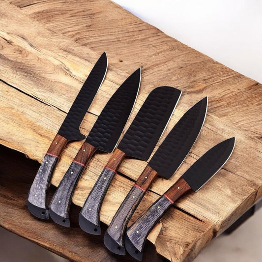 Chef Knife Set – J2 Steel Powder-Coated Blades with Pakkawood Handles & Rosewood Bolsters + Leather Roll Kit | Premium Kitchen Knives | kniveshq Quality | cowboyknives.us