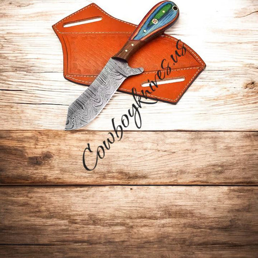 Best Cowboy Knife – 8" Damascus Steel Blade with Dollar Sheet Handle & Rosewood Bolster

