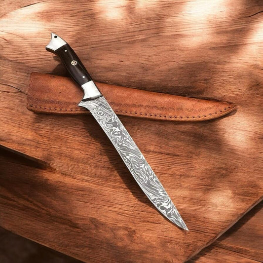 Fillet Knife – Damascus Steel Blade with Micarta Handle, Steel Bolsters & Leather Sheath | Best Fillet Knife | Fish Fillet Knife | Boning Knife | kniveshq Quality | cowboyknives.us