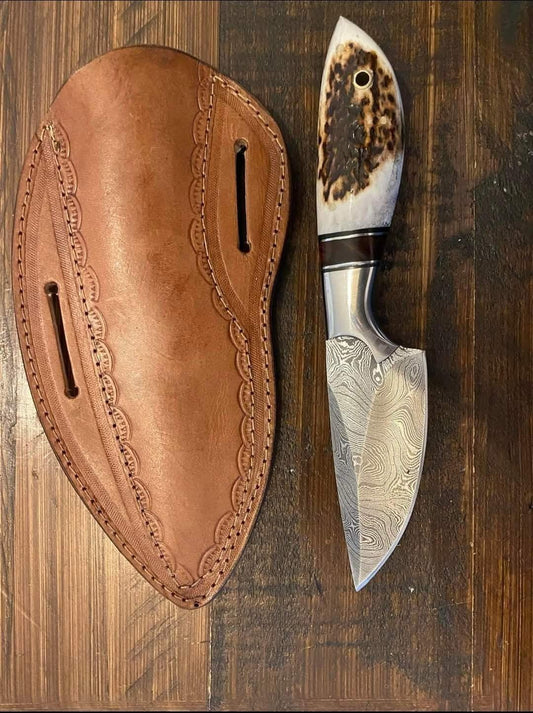 Cowboy Knife – Damascus Blade, Stag Horn Handle & Wooden Spacer, 6"