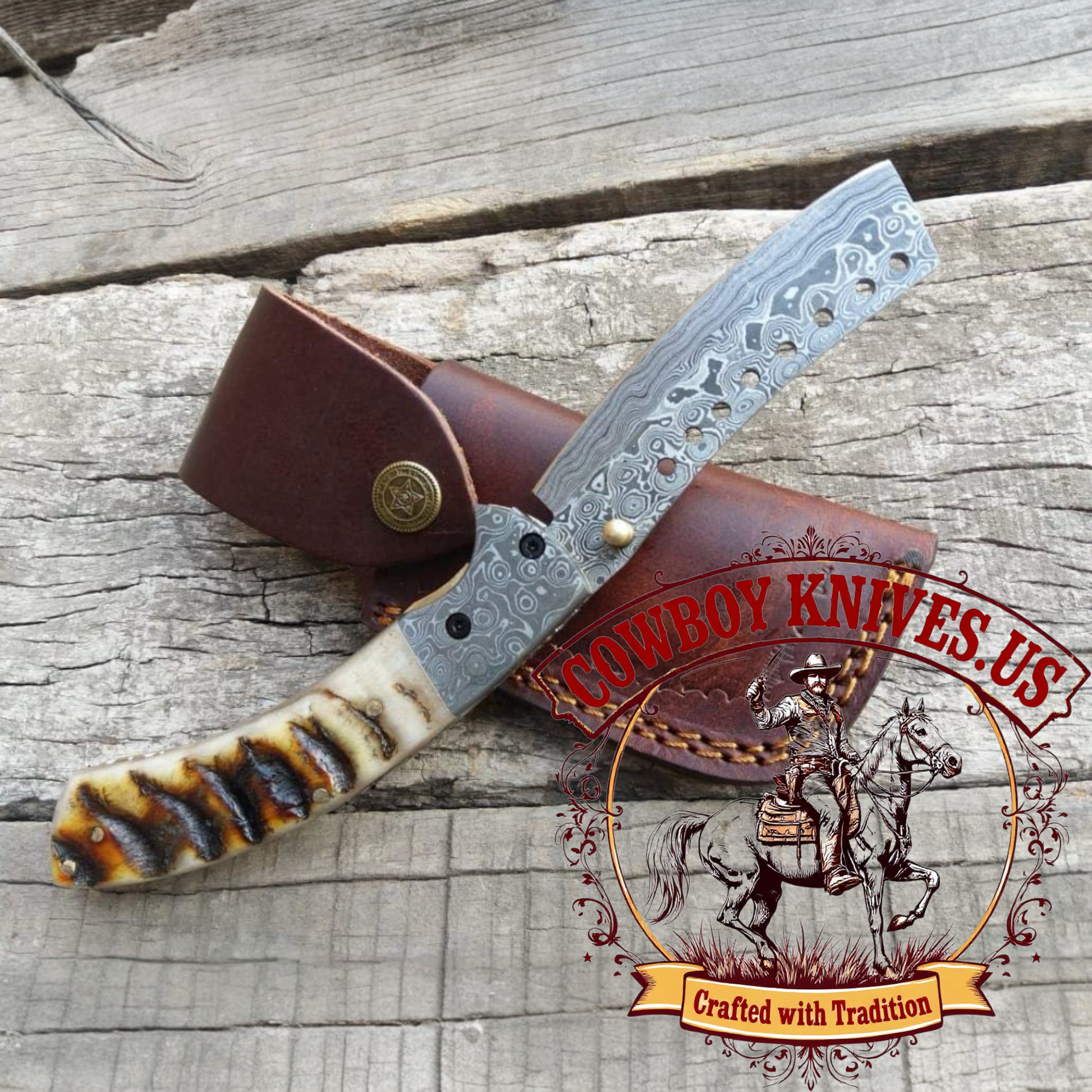 3.5" Blade Damascus Pocket Knife with Sheep Horn Handle