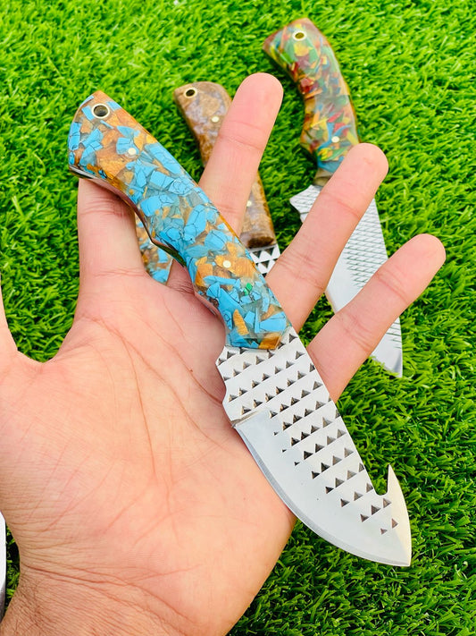 Gut-Hook Knife – Rasp Steel Blade, Turquoise Resin Handle, 7.25"