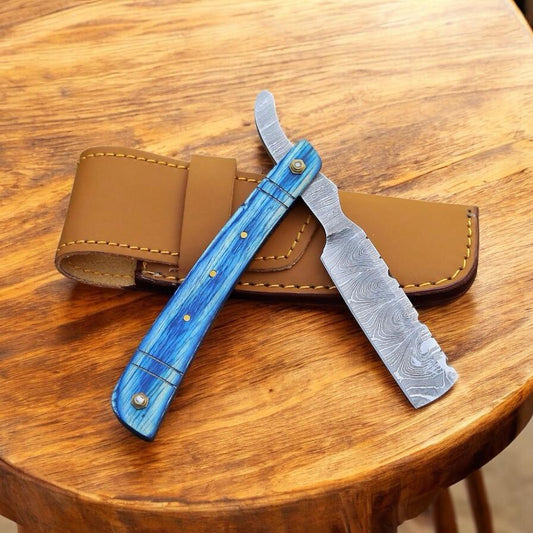 Cowboy Razor – Damascus Steel Folding Blade with Color-Wood Handle & Sheath | cowboyknives.us (Cowboy Knives HQ) | Belt Cutting Razor | Western Cowboy Blade