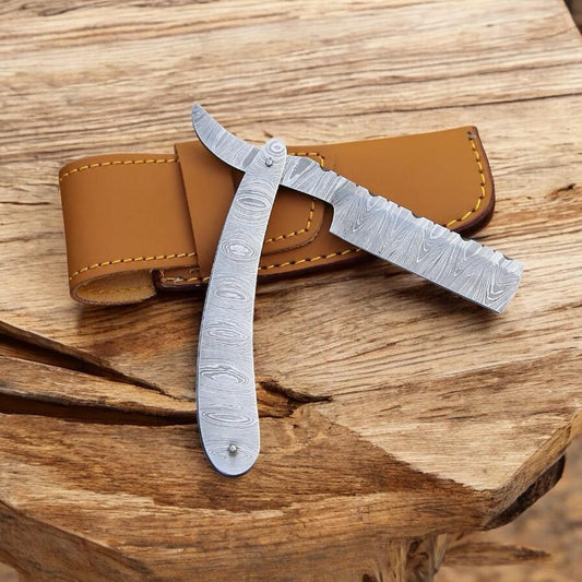 Cowboy Razor – Full Damascus Steel Folding Blade & Handle with Leather Sheath | cowboyknives.us (Cowboy Knives HQ) | Western Cowboy Blade | Belt Cutting Razor