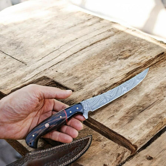 Fish Fillet Knife – Damascus Steel Blade, Wenge Wood Handle with Micarta Spacer & Leather Sheath | Best Fillet Knife | Boning Knife | cowboyknives.us Quality Like Blade HQ