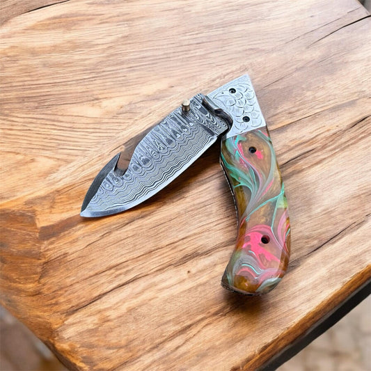 Cowboy Pocket Gutting Knife – Damascus Steel Blade with Resin Handle & Engraved Steel Bolster | Working Cowboy Knife | Belt Cutting Knife | cowboyknives.us (Cowboy Knives HQ)